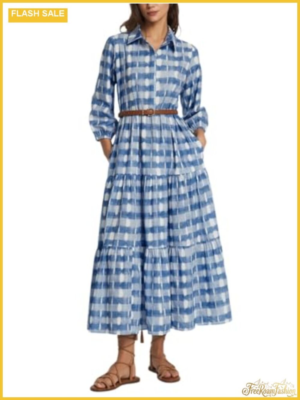 100% Cotton Gingham Maxi Dress Button Down Tiered Ruffle Puff Sleeve